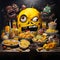 Amazing painting art of a clown with a large face with food, cartoon compositions text and emoji installations. Generative AI