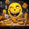 Amazing painting art of a clown with a large face with food, cartoon compositions text and emoji installations. Generative AI