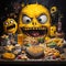 Amazing painting art of a clown with a large face with food, cartoon compositions text and emoji installations. Generative AI