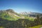 Amazing panorama of French Alps, part of famous trek Chamonix Mont Blanc in the backround.. View of French mountains in summer hik