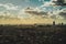 Amazing panorama of the huge Cairo city, great pyramids of Giza visible in the distance. Cloudy warm winter day, as seen from the