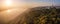 Amazing panorama of Kiev Ukraine. River Dnipro, Kiev Pechersk Lavra chirch on the hill, sunrise and magical fog.