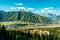 Amazing panorama view above town of Mestia in famous Caucasus region Svaneti, North Georgia with high mountain peaks in the