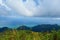 Amazing panorama view from the o Gunung Raya mountain, the highest point in Langkawi, Malaysia. Distant mountains in the mist and