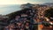 Amazing panoramic sunset drone view of old city of Dubrovnik, Croatia.