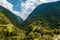 Amazing panoramic view of the green gorge with a small river. Idyllic outdoor scene in Switzerland, Europe