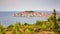 Amazing panoramic view of Primosten old town on the islet, Dalmatia, Croatia. Scenic seascape and city with medieval architecture