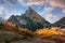 Amazing panoramic view on Sass de Stria mountain and Falzarego Pass. Dolomite Alps, South Tyrol, Italy at sunset