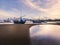 Amazing picturesque landscape with beach, fisherman boats and cloudy sky