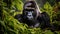 An amazing portrait of an endangered silverback mountain gorilla in wilderness. Generative AI