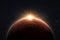 Amazing red planet Mars with sunrise rays in deep starry space. Space Wallpaper