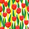 Amazing, red tulips and green leaves on a white background with yellow, narrow, vertical stripes.