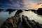 Amazing rock formations at Pandak beach, Terengganu.  Nature composition blur soft focus noise visible due to long exposure.