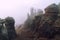 Amazing rock shapes in the fog. South Demerdzhi Ghost valley, Crimea