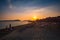 The amazing sandy beach of Gialova seaside town at sunset in Messenia, Peloponnese, Greece
