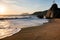 Amazing sandy beach with sea and clouds, Corfu