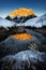 Amazing scene of Zugspitze mountain. Frozen reflection of peak i
