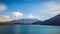 Amazing scenery landscape of Mt Fuji at background and view from Lake Motosu, Yamanashi, Japan.