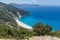 Amazing seascape with Blue water of beautiful Myrtos beach, Kefalonia, Greece