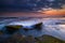 Amazing seascape with motion waves. Waterscape background. Moving water. Nature concept. Sunset scenery background. Long exposure