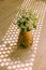 Amazing shape, curve from white Tana daisy flower pot with long oblique shadow on wooden for home decor