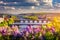 Amazing spring cityscape, Vltava river and old city center with colorful lilac blooming in Letna park, Prague, Czechia. Blooming