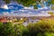 Amazing spring cityscape, Vltava river and old city center with colorful lilac blooming in Letna park, Prague, Czechia. Blooming