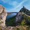 Amazing spring view on the Dnister River Canyon with picturesque rocks, fields, flowers. This place named Shyshkovi Gorby,