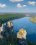 Amazing spring view on the Dnister River Canyon with picturesque rocks, fields, flowers. This place named Shyshkovi Gorby,