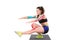 Amazing stronger sports fitness woman make exercises isolated over white wall background. Kinesio Tape. Theme kinesiology tape