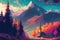 Amazing stylized autumn mountain landscape painting, majestic colors, magical vibes.