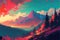 Amazing stylized autumn mountain landscape painting, majestic colors, magical vibes.