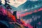 Amazing stylized autumn mountain landscape painting, majestic colors, magical vibes.