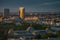 Amazing summer sunset top view over Royal Palace in Brussels with lovely light and the flag of Belgium on top of the builidng