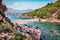 Amazing summer view of Limni Beach Glyko. Fabulous morning seascape of Ionian Sea. Picturesque outdoor scene of Corfu island, Gree