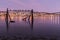 Amazing sunrise with amazing magenta color over Tromso, Norway. Fishing building. Polar night. long shutter speed