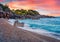 Amazing sunrise on Apelistra beach, Himare location. Astonishing spring morning in Albania, Europe.