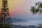 amazing sunrise behind high pine tree and mountain multi layer green forest park. fresh air in fog tropical mist valley hill