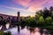 Amazing sunrise at the Medieval bridge of the Besalu Catalonia, Spain