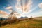 Amazing sunrise over Alpe di Siusi mountain plateau, Dolomite Alps, Italy