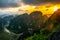 Amazing sunset landscape viewpoint from the top of Mua Cave mountain, Ninh Binh, Tam Coc, Vietnam