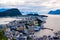 The amazing sunset over Alesund cityscape. Art Nouveau architecture. View from Aksla viewpoint. Norway