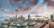 Amazing sunset over Downtown Miami. Panoramic view from Port Boulevard