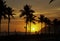 Amazing sunset with palms silhouettes over Ipanema beach in Rio de Janeiro.