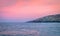 Amazing sunset polar landscape with mountain range on the horizon. Arctic ocean panoramic view