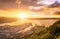 Amazing sunset view of City of Bergen from Floyen mountain. Norway.