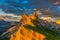 Amazing sunset view of Odle Mountain in Dolomites, Italy from Seceda summit