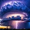 Amazing thunderstorm supercell cloud with lightning bolts flashing over