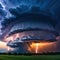 Amazing thunderstorm supercell cloud with lightning bolts flashing over