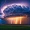 Amazing thunderstorm supercell cloud with lightning bolts flashing over